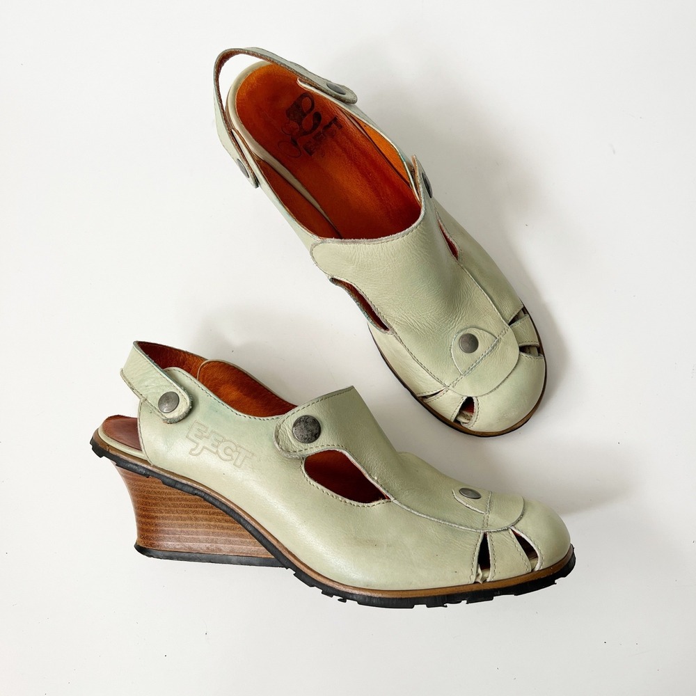 Vintage Y2K Funky Leather Wedge Sandals 39 Mint Green Mary Janes Industrial Punk